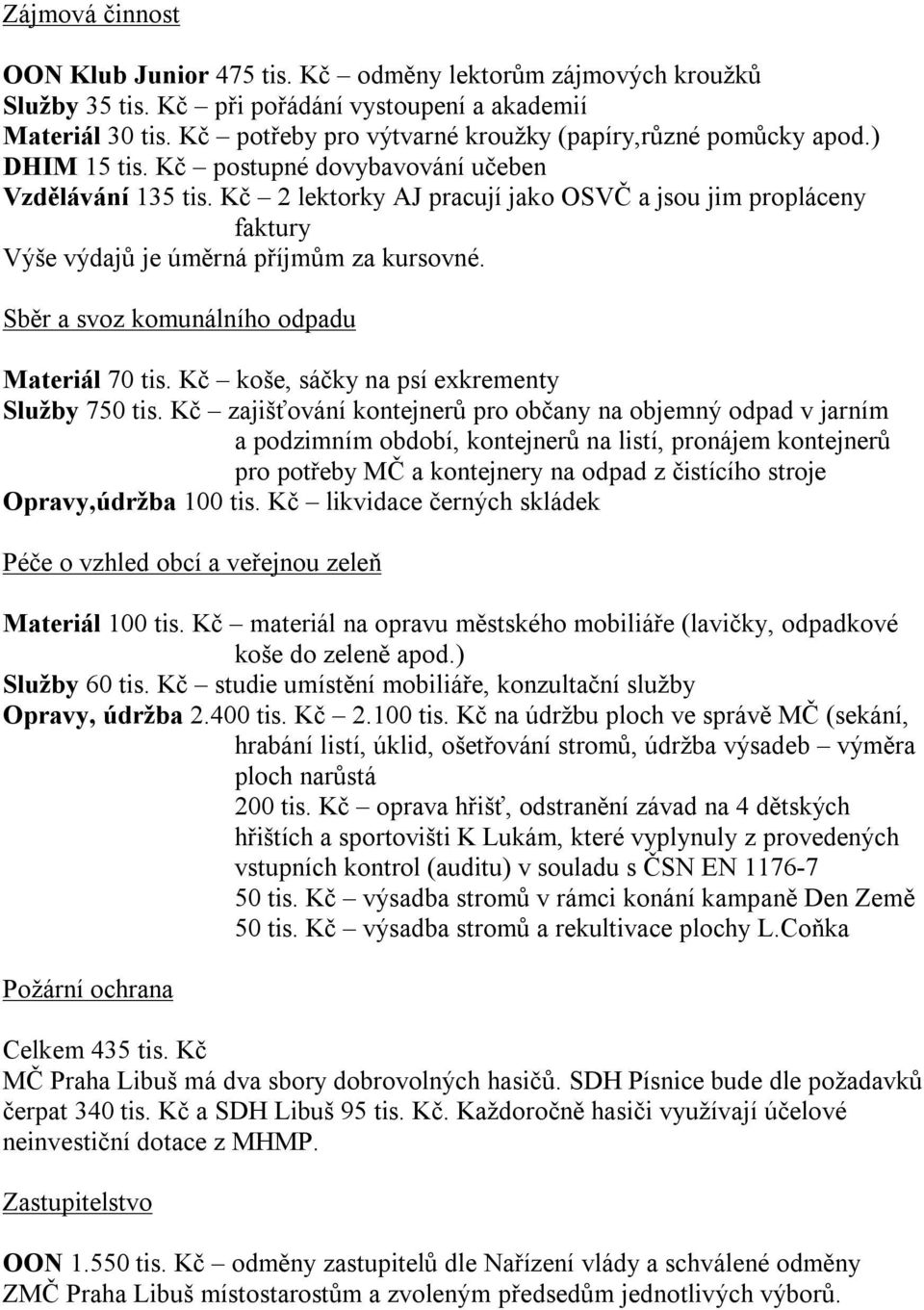 Kč 2 lektorky AJ pracují jako OSVČ a jsou jim propláceny faktury Výše výdajů je úměrná příjmům za kursovné. Sběr a svoz komunálního odpadu Materiál 70 tis.