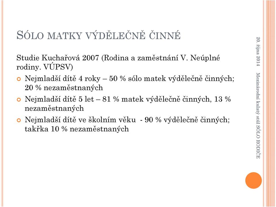 dítě 5 let 81 % matek výdělečně činných, 13 % nezaměstnaných Nejmladší dítě ve školním věku -