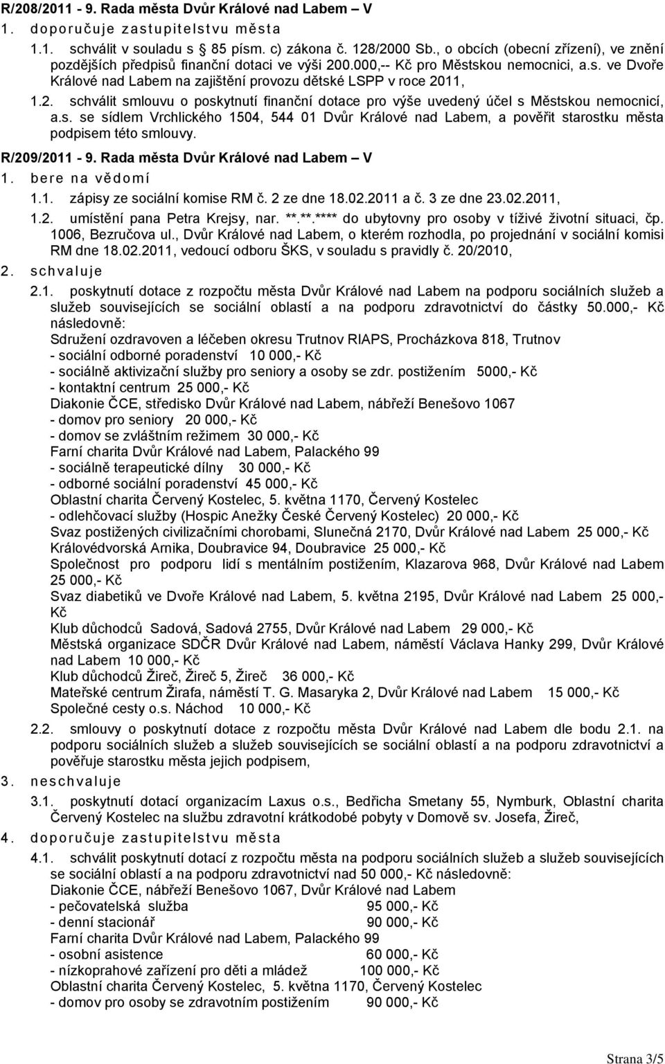 11, 1.2. schválit smlouvu o poskytnutí finanční dotace pro výše uvedený účel s Městskou nemocnicí, a.s. se sídlem Vrchlického 1504, 544 01 Dvůr Králové nad Labem, a pověřit starostku města podpisem této smlouvy.