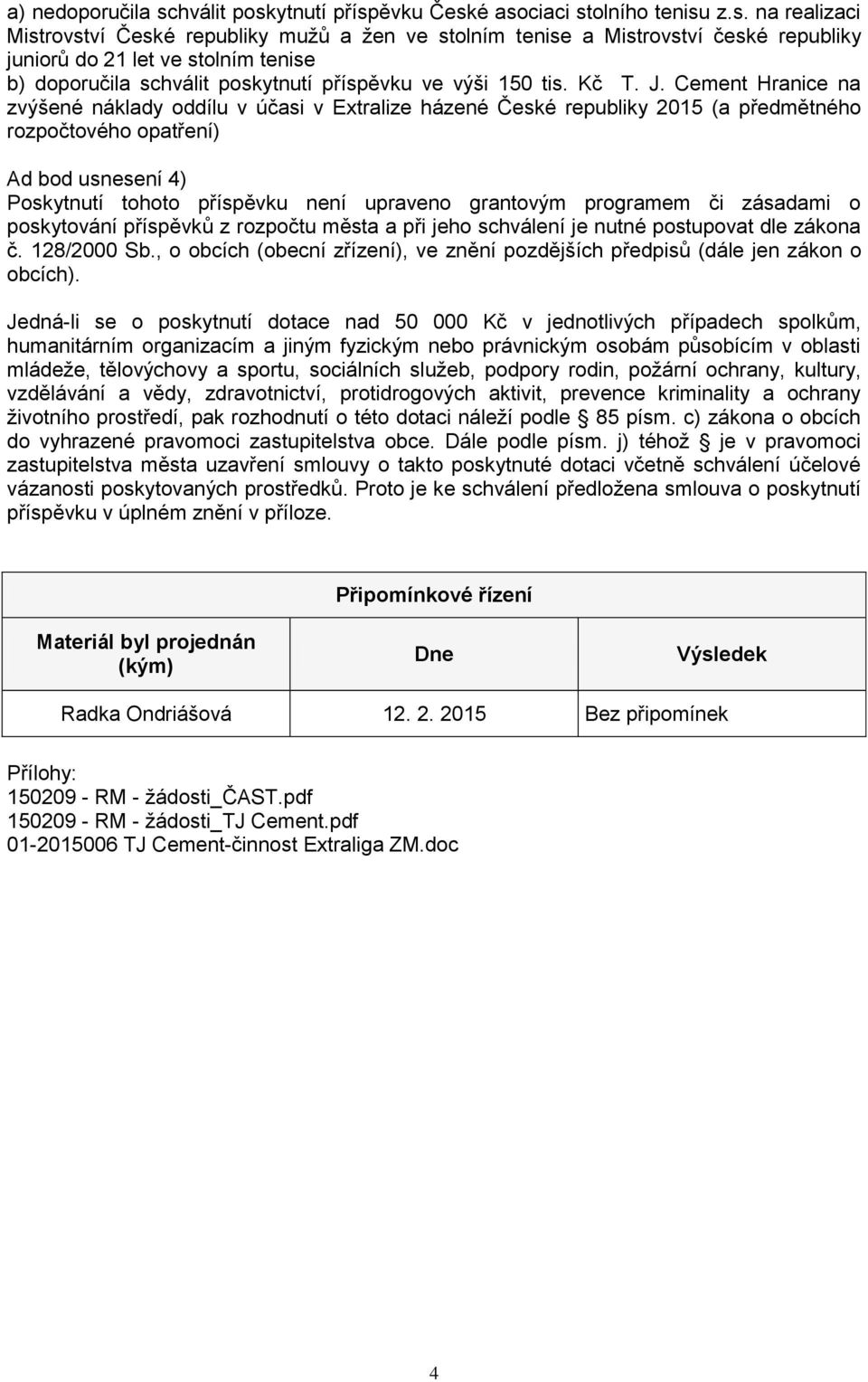 ytnutí příspěvku České asociaci stolního tenisu z.s. na realizaci Mistrovství České republiky mužů a žen ve stolním tenise a Mistrovství české republiky juniorů do 21 let ve stolním tenise b) doporučila scytnutí příspěvku ve výši 150 tis.