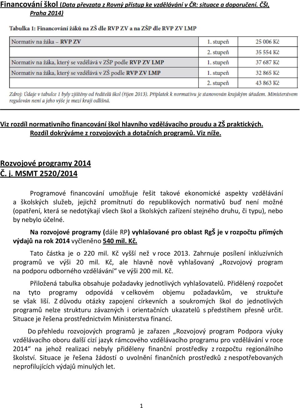 MSMT 2520/2014 Programové financování umožňuje řešit takové ekonomické aspekty vzdělávání a školských služeb, jejichž promítnutí do republikových normativů buď není možné (opatření, která se