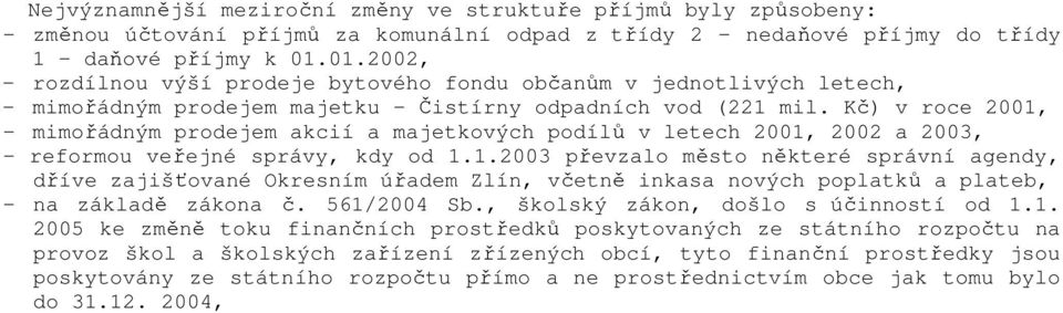 Kč) v roce 2001, - mimořádným prodejem akcií a majetkových podílů v letech 2001, 2002 a 2003, - reformou veřejné správy, kdy od 1.1.2003 převzalo město některé správní agendy, dříve zajišťované Okresním úřadem Zlín, včetně inkasa nových poplatků a plateb, - na základě zákona č.