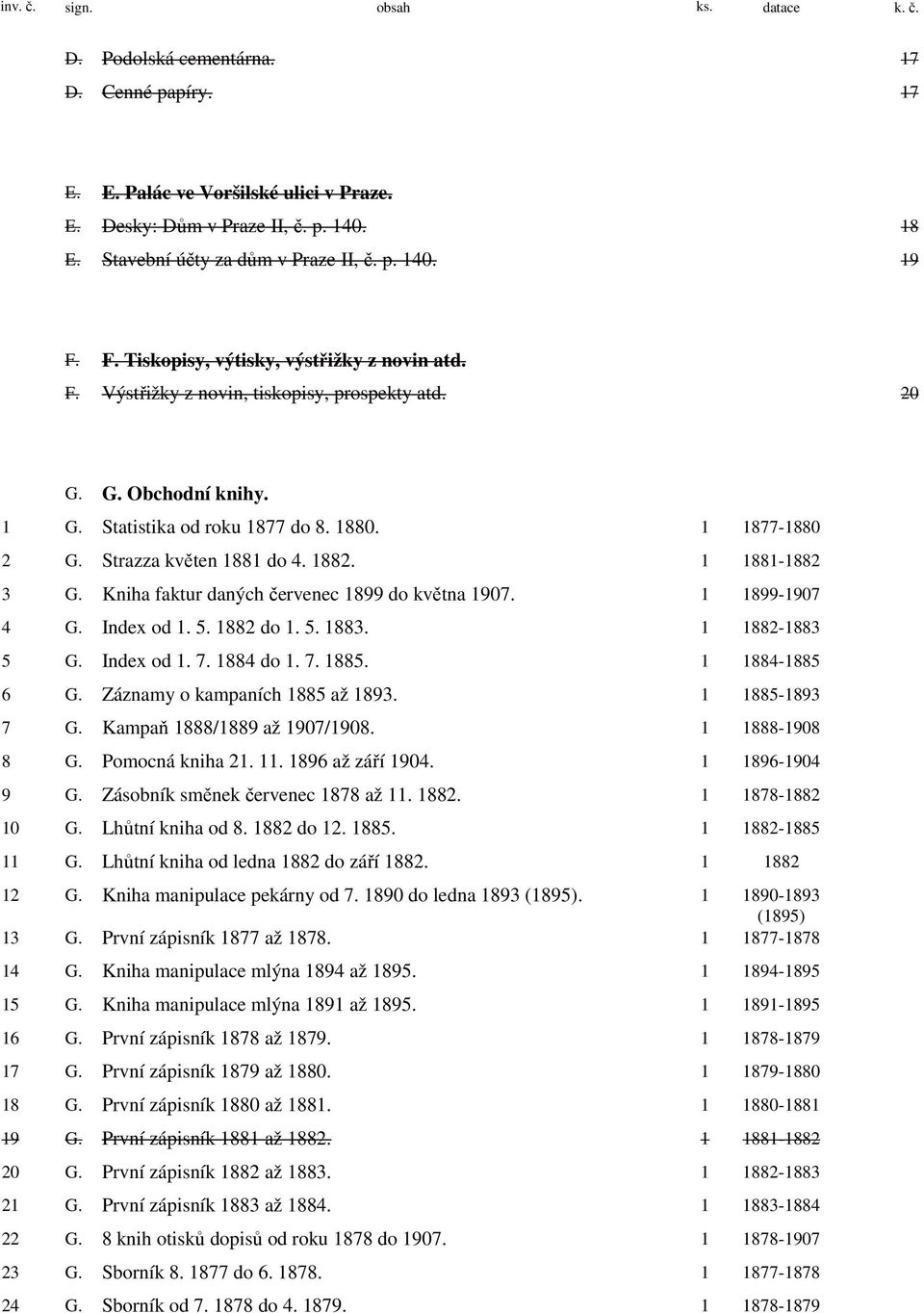 Statistika od roku 1877 do 8. 1880. 1 1877-1880 2 G. Strazza květen 1881 do 4. 1882. 1 1881-1882 3 G. Kniha faktur daných červenec 1899 do května 1907. 1 1899-1907 4 G. Index od 1. 5. 1882 do 1. 5. 1883.