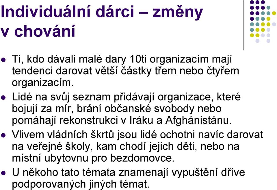 Lidé na svůj seznam přidávají organizace, které bojují za mír, brání občanské svobody nebo pomáhají rekonstrukci v Iráku