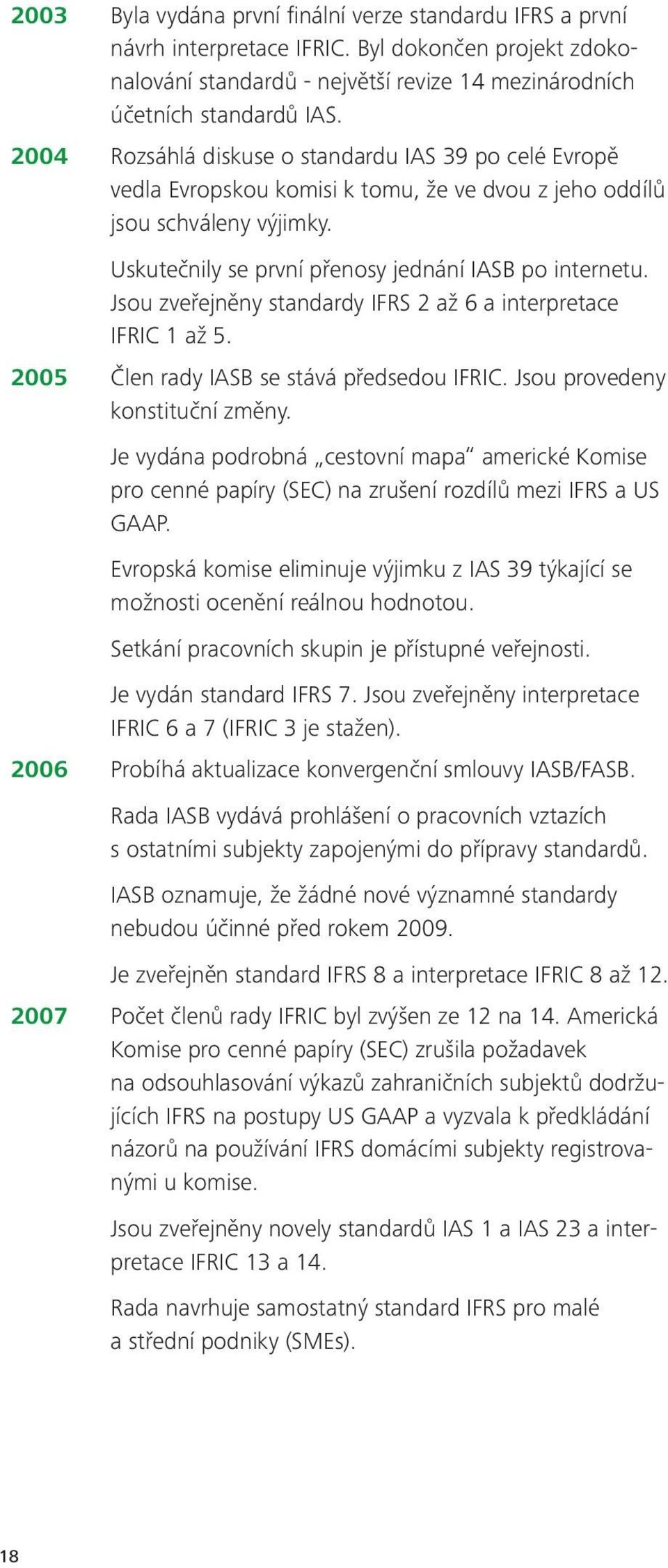 Jsou zveřejněny standardy IFRS 2 až 6 a interpretace IFRIC 1 až 5. 2005 Člen rady IASB se stává předsedou IFRIC. Jsou provedeny konstituční změny.