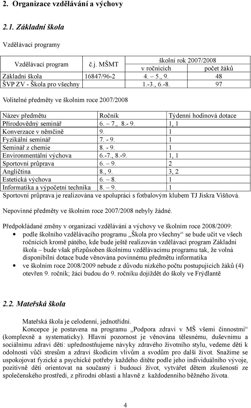 1 Fyzikální seminář 7. - 9. 1 Seminář z chemie 8. - 9. 1 Environmentální výchova 6.-7., 8.-9. 1, 1 Sportovní průprava 6. 9. 2 Angličtina 8., 9. 3, 2 Estetická výchova 6. 8. 1 Informatika a výpočetní technika 8.