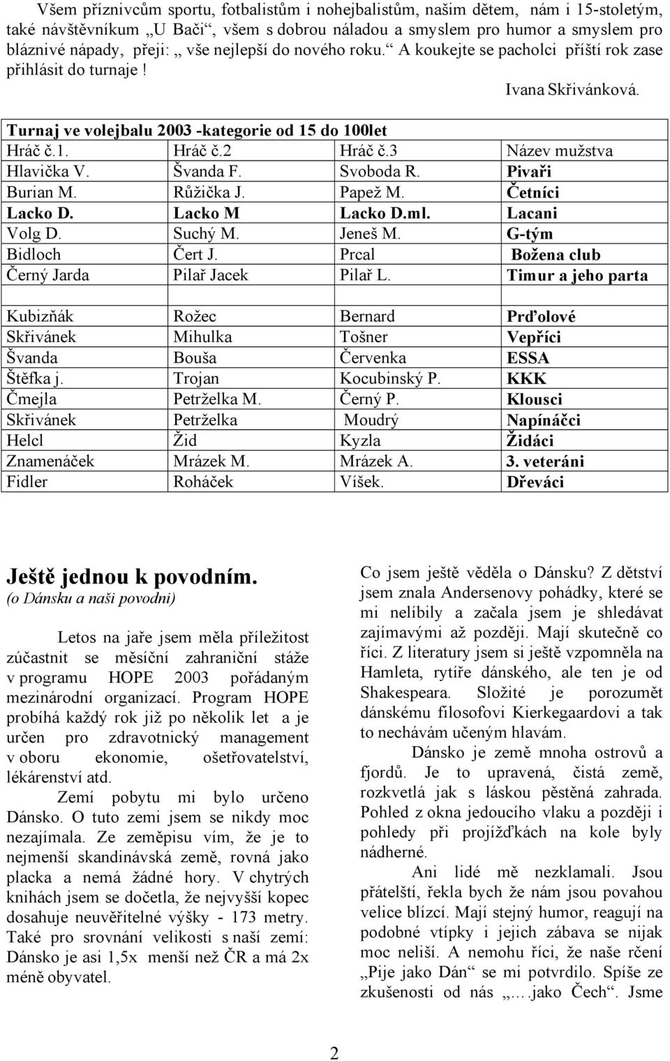 3 Název mužstva Hlavička V. Švanda F. Svoboda R. Pivaři Burian M. Růžička J. Papež M. Četníci Lacko D. Lacko M Lacko D.ml. Lacani Volg D. Suchý M. Jeneš M. G-tým Bidloch Čert J.