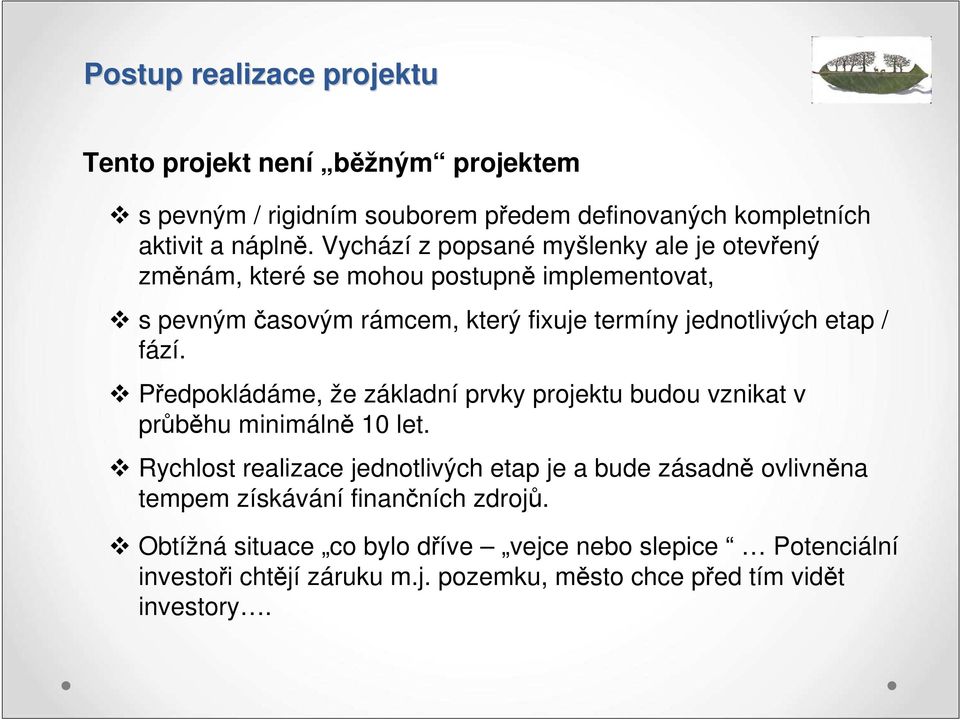 fází. Předpokládáme, že základní prvky projektu budou vznikat v průběhu minimálně 10 let.