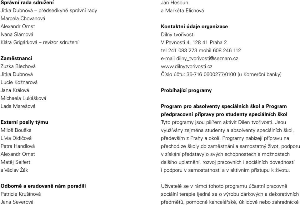 organizace Dílny tvořivosti V Pevnosti 4, 128 41 Praha 2 tel 241 083 273 mobil 608 246 112 e-mail dilny_tvorivosti@seznam.cz www.dilnytvorivosti.