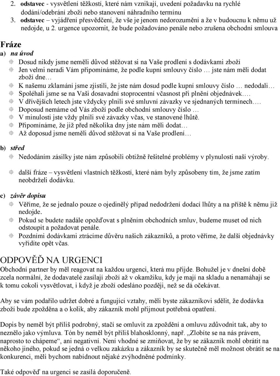 urgence upozornit, že bude požadováno penále nebo zrušena obchodní smlouva Fráze a) na úvod Dosud nikdy jsme neměli důvod stěžovat si na Vaše prodlení s dodávkami zboží Jen velmi neradi Vám