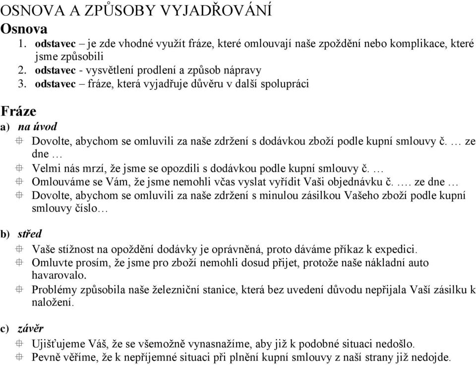 ze dne Velmi nás mrzí, že jsme se opozdili s dodávkou podle kupní smlouvy č. Omlouváme se Vám, že jsme nemohli včas vyslat vyřídit Vaši objednávku č.