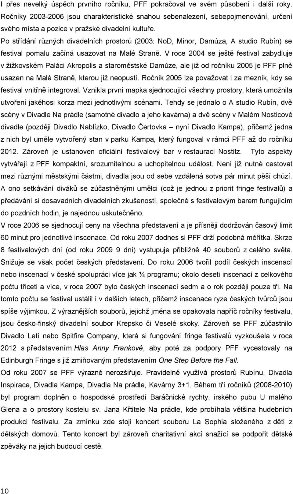 Po střídání různých divadelních prostorů (2003: NoD, Minor, Damúza, A studio Rubín) se festival pomalu začíná usazovat na Malé Straně.