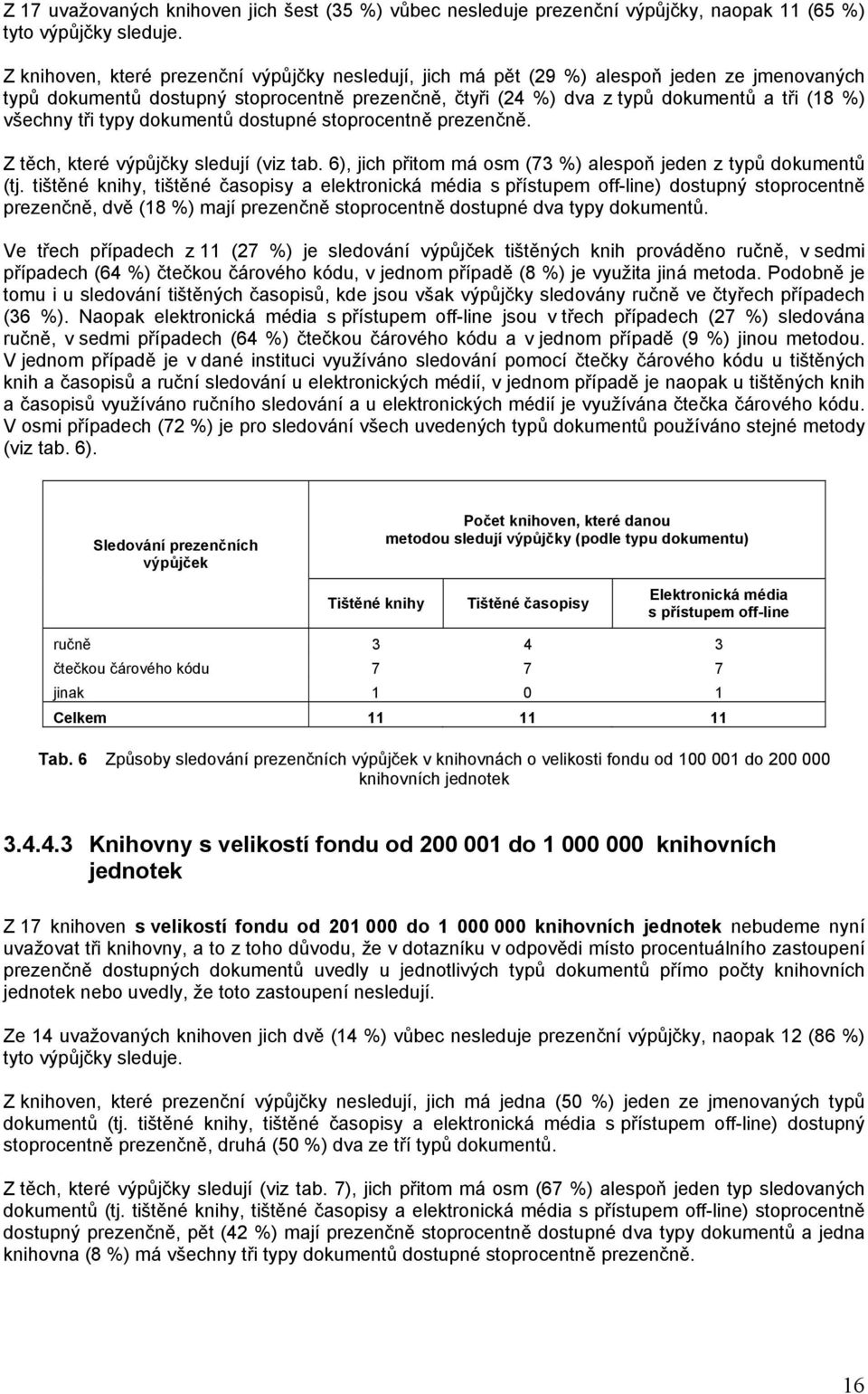 tři typy dokumentů dostupné stoprocentně prezenčně. Z těch, které výpůjčky sledují (viz tab. 6), jich přitom má osm (73 %) alespoň jeden z typů dokumentů (tj.