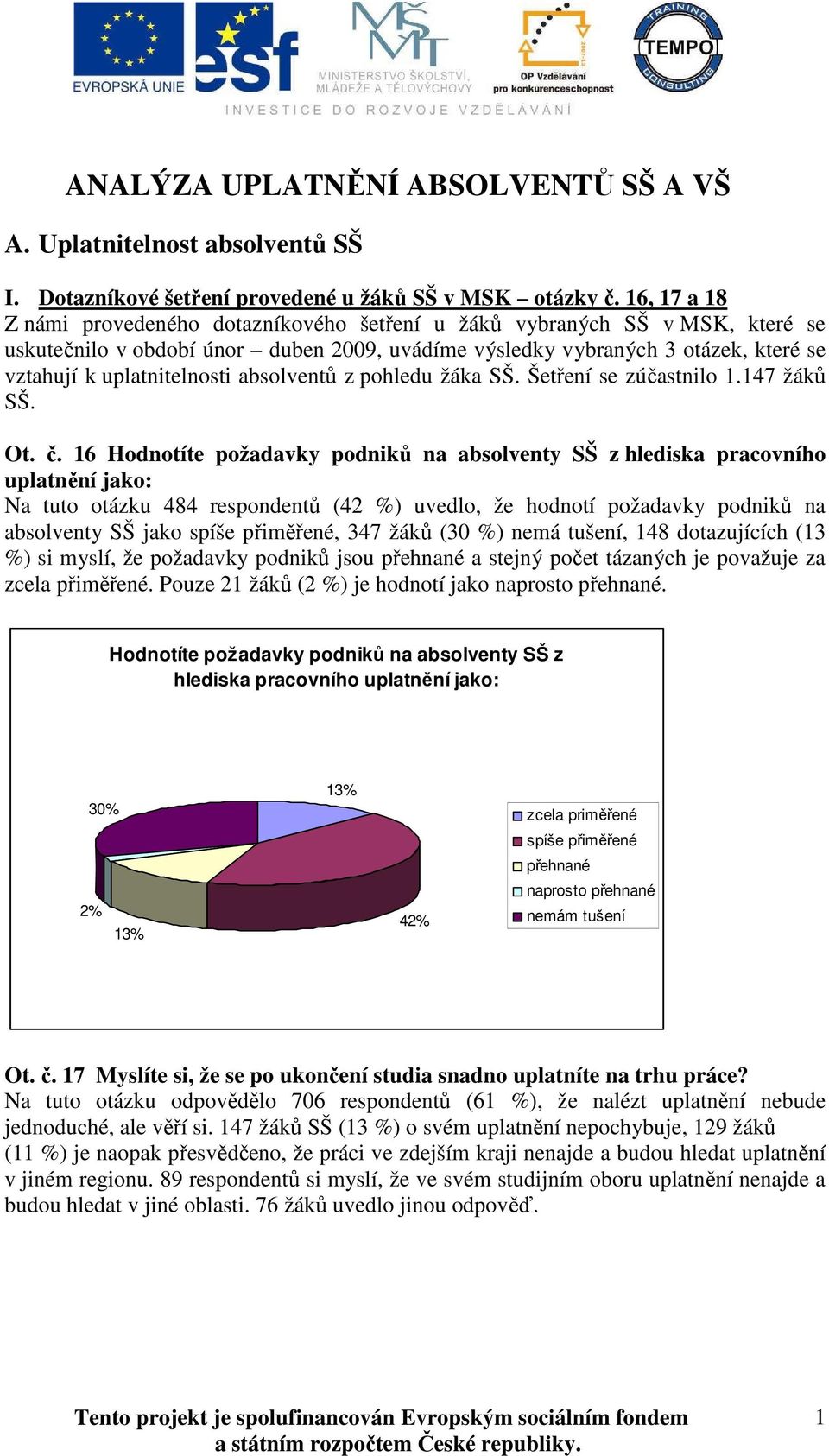 absolventů z pohledu žáka SŠ. Šetření se zúčastnilo 1.147 žáků SŠ. Ot. č.