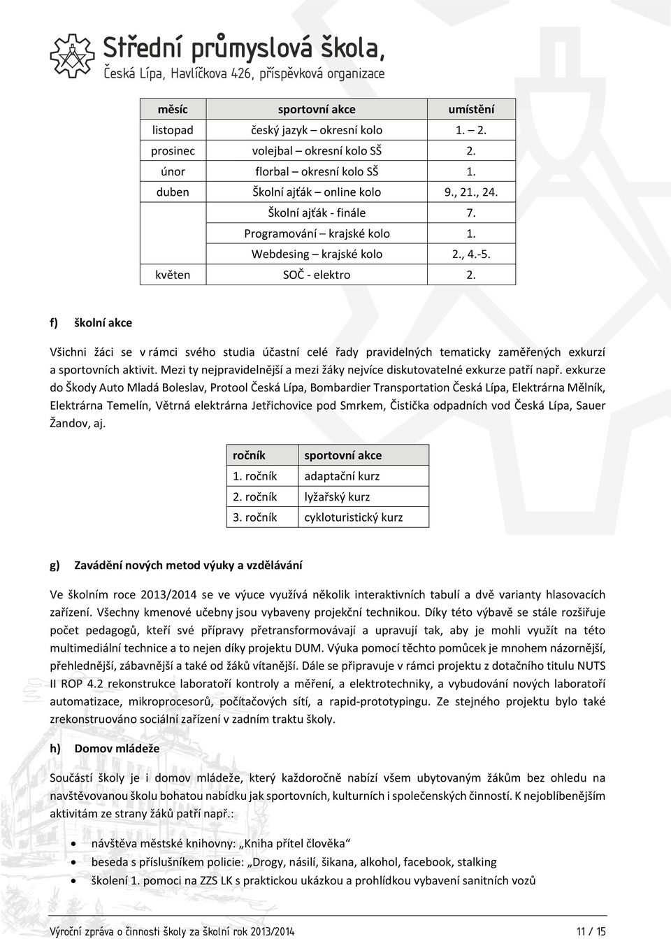 f) školní akce Všichni žáci se v rámci svého studia účastní celé řady pravidelných tematicky zaměřených exkurzí a sportovních aktivit.