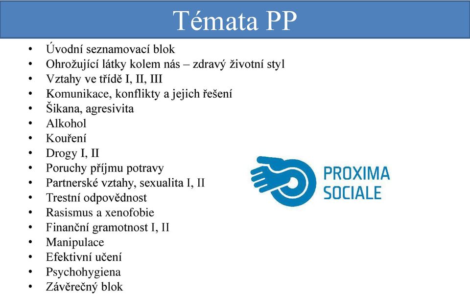 Drogy I, II Poruchy příjmu potravy Partnerské vztahy, sexualita I, II Trestní odpovědnost