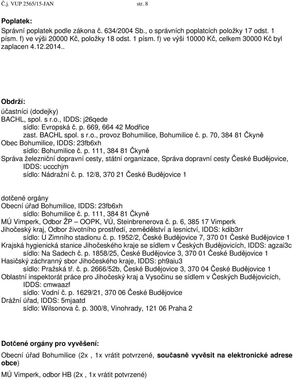 p. 111, 384 81 Čkyně Správa železniční dopravní cesty, státní organizace, Správa dopravní cesty České Budějovice, IDDS: uccchjm sídlo: Nádražní č. p.