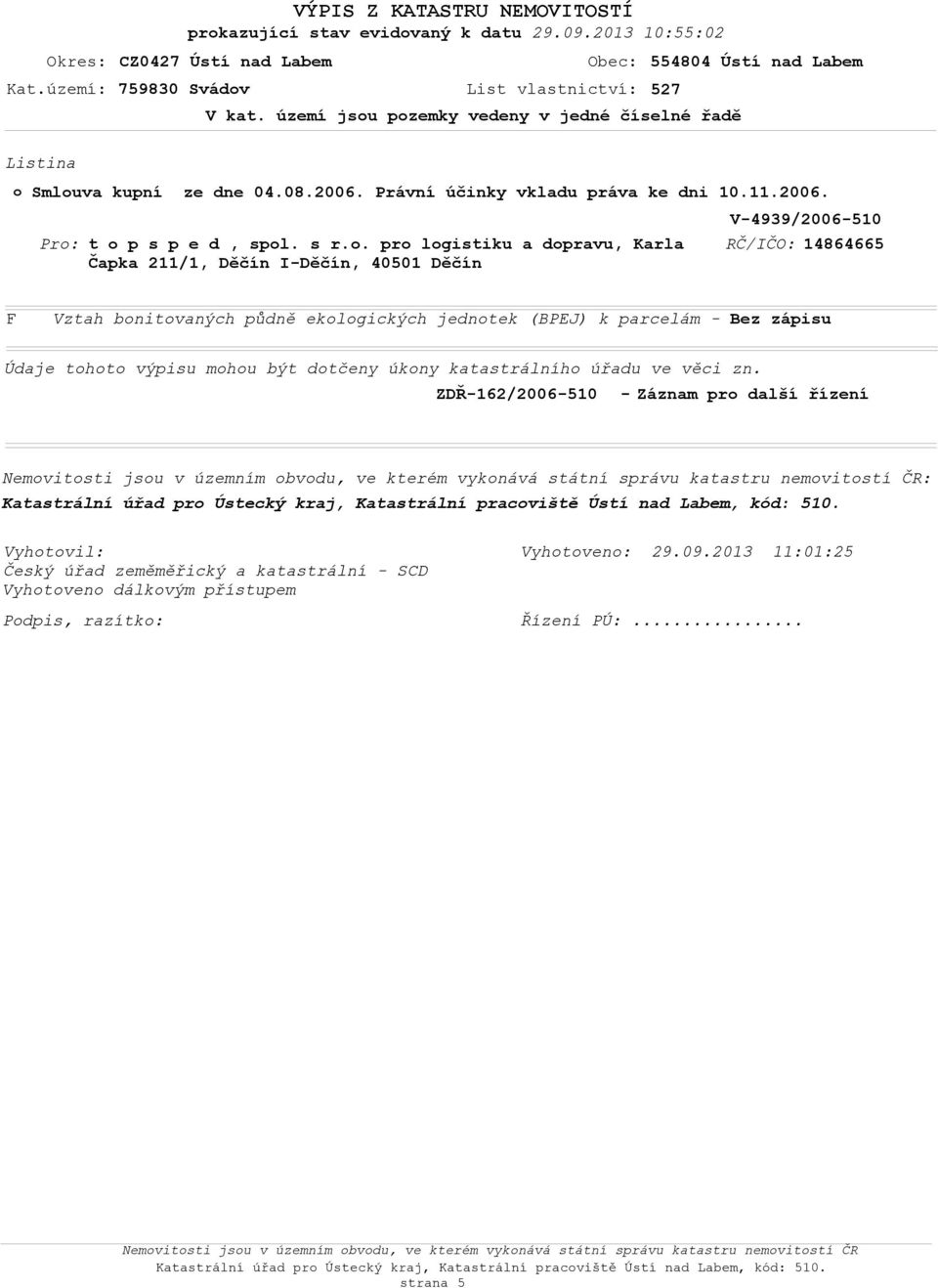 . pr lgistiku a dpravu, Karla F Vztah bnitvaných půdně eklgických jedntek (BPEJ) k parcelám Údaje tht výpisu mhu být dtčeny úkny katastrálníh úřadu ve věci zn.