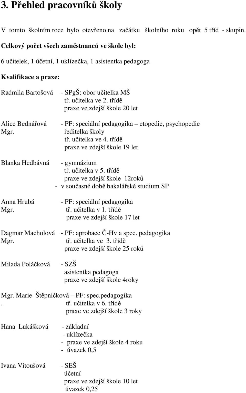- SPgŠ: obor učitelka MŠ tř. učitelka ve 2. třídě praxe ve zdejší škole 20 let - PF: speciální pedagogika etopedie, psychopedie ředitelka školy tř. učitelka ve 4.