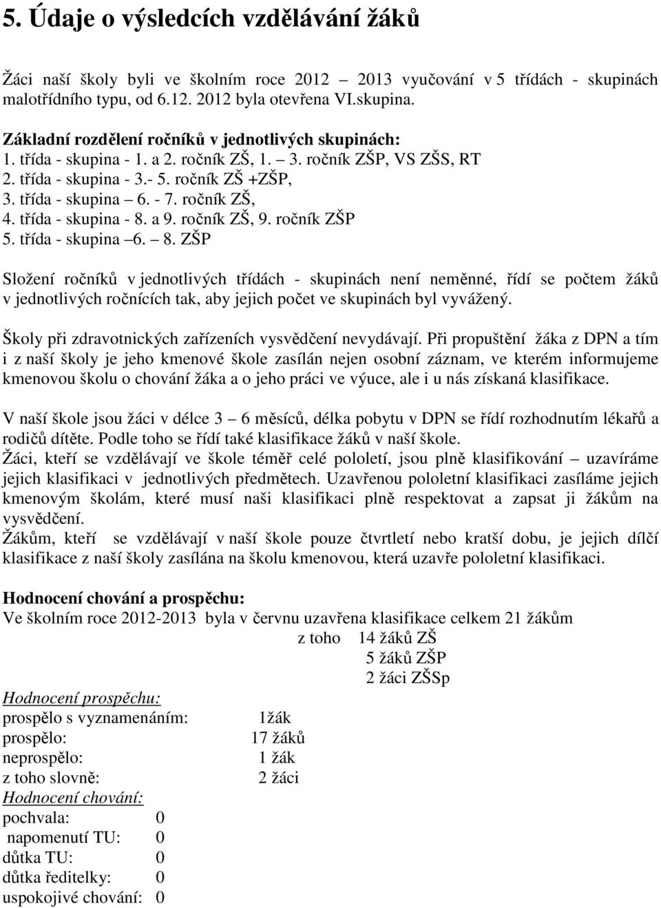 ročník ZŠ, 4. třída - skupina - 8. a 9. ročník ZŠ, 9. ročník ZŠP 5. třída - skupina 6. 8. ZŠP Složení ročníků v jednotlivých třídách - skupinách není neměnné, řídí se počtem žáků v jednotlivých ročnících tak, aby jejich počet ve skupinách byl vyvážený.