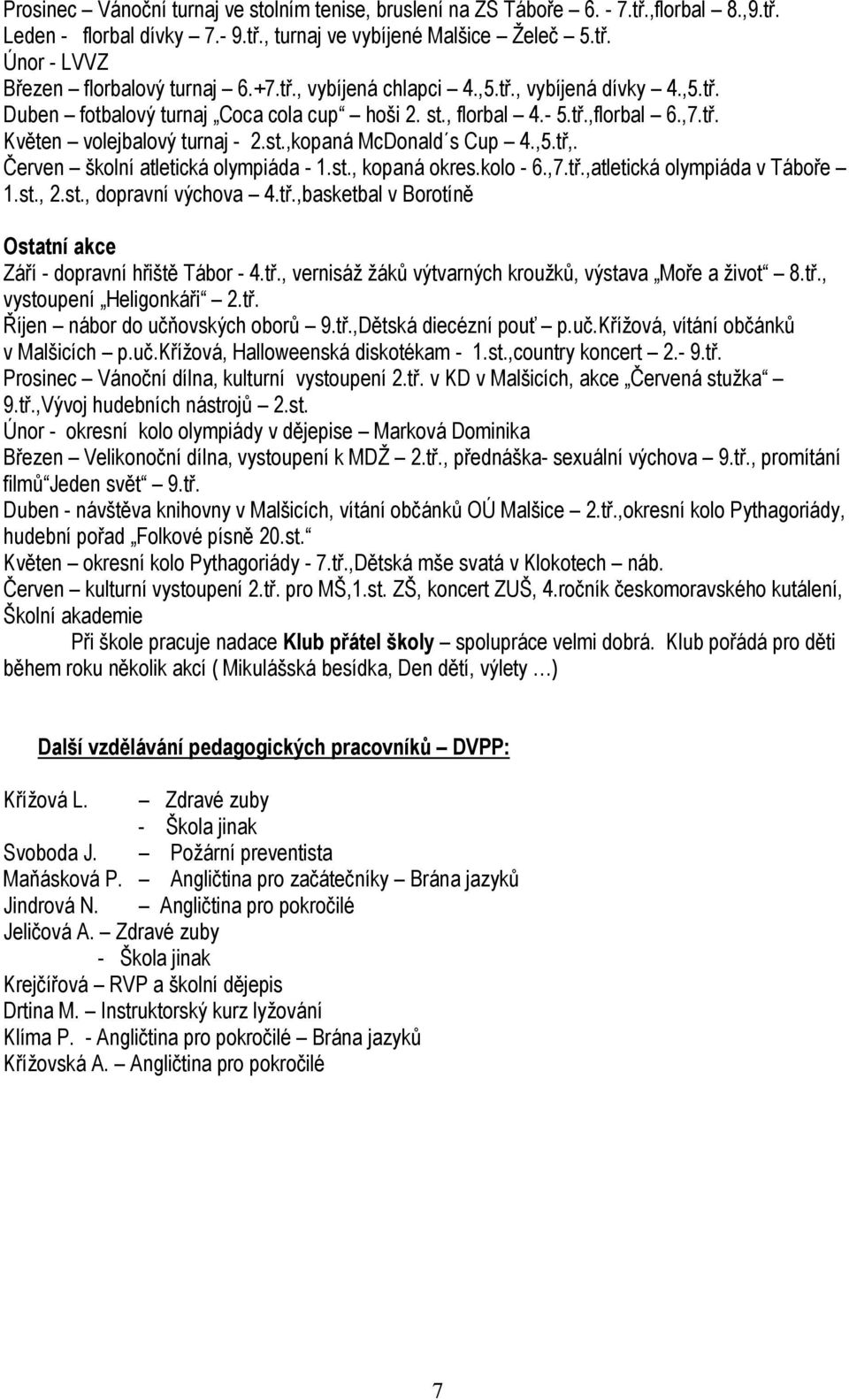 ,5.tř,. Červen školní atletická olympiáda - 1.st., kopaná okres.kolo - 6.,7.tř.,atletická olympiáda v Táboře 1.st., 2.st., dopravní výchova 4.tř.,basketbal v Borotíně Ostatní akce Září - dopravní hřiště Tábor - 4.