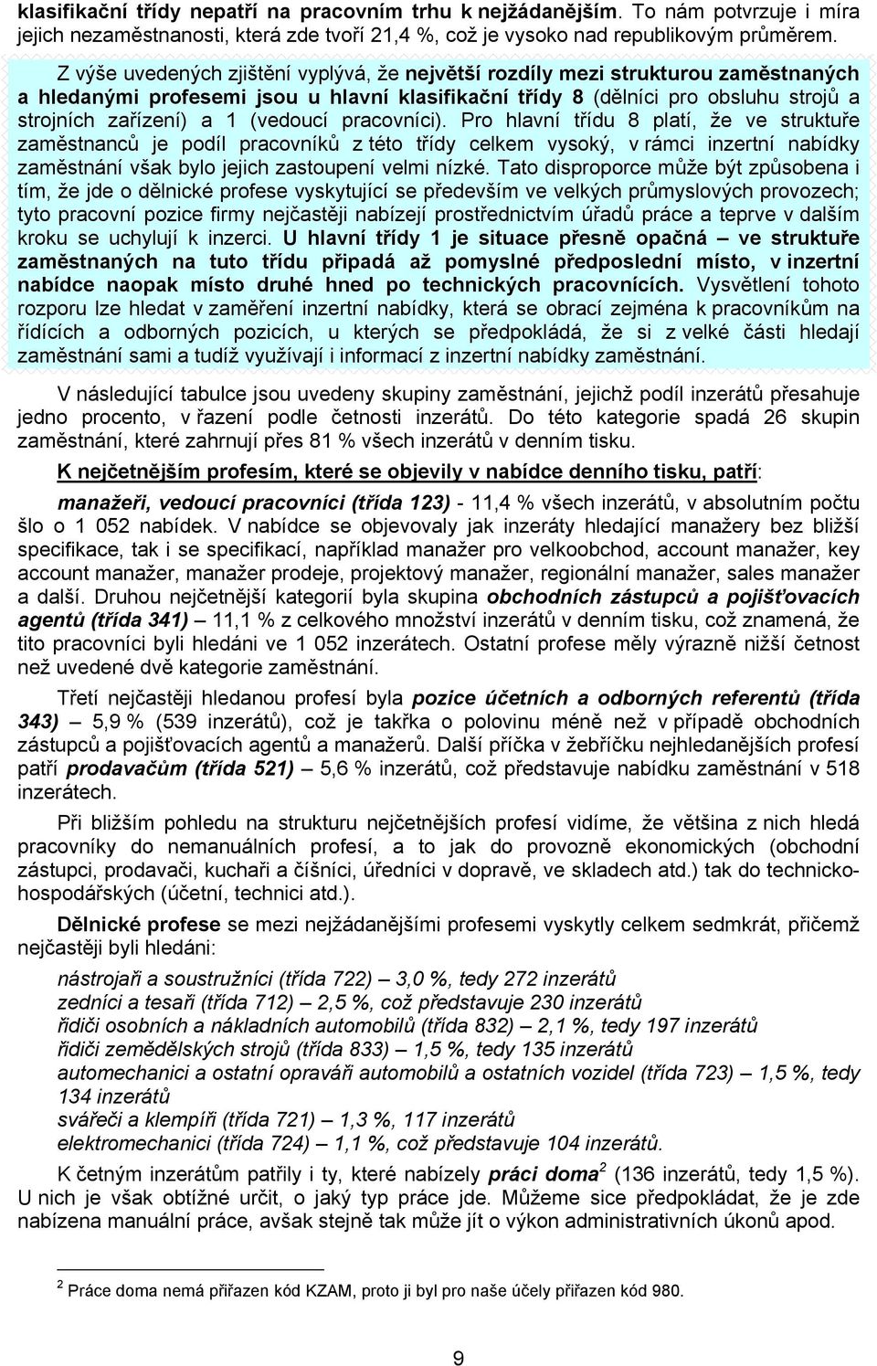 (vedoucí pracovníci). Pro hlavní třídu 8 platí, že ve struktuře zaměstnanců je podíl pracovníků z této třídy celkem vysoký, v rámci inzertní nabídky zaměstnání však bylo jejich zastoupení velmi nízké.