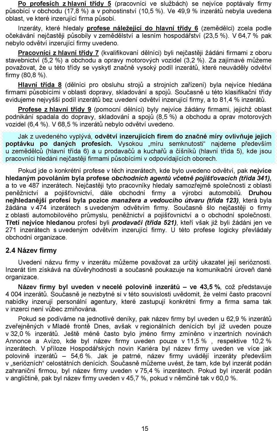 Inzeráty, které hledaly Uprofese náležející do hlavní třídy 6U zcela podle očekávání nejčastěji působily v zemědělství a lesním hospodářství (23,5 %).