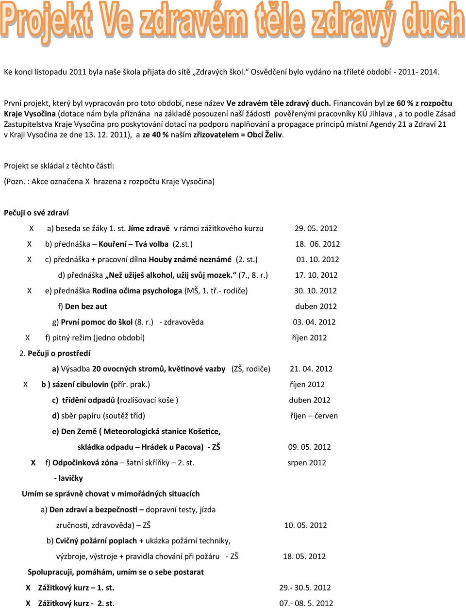 Financován byl ze 60 % z rozpočtu Kraje Vysočina (dotace nám byla přiznána na základě posouzení naší žádosti pověřenými pracovníky KÚ Jihlava, a to podle Zásad Zastupitelstva Kraje Vysočina pro