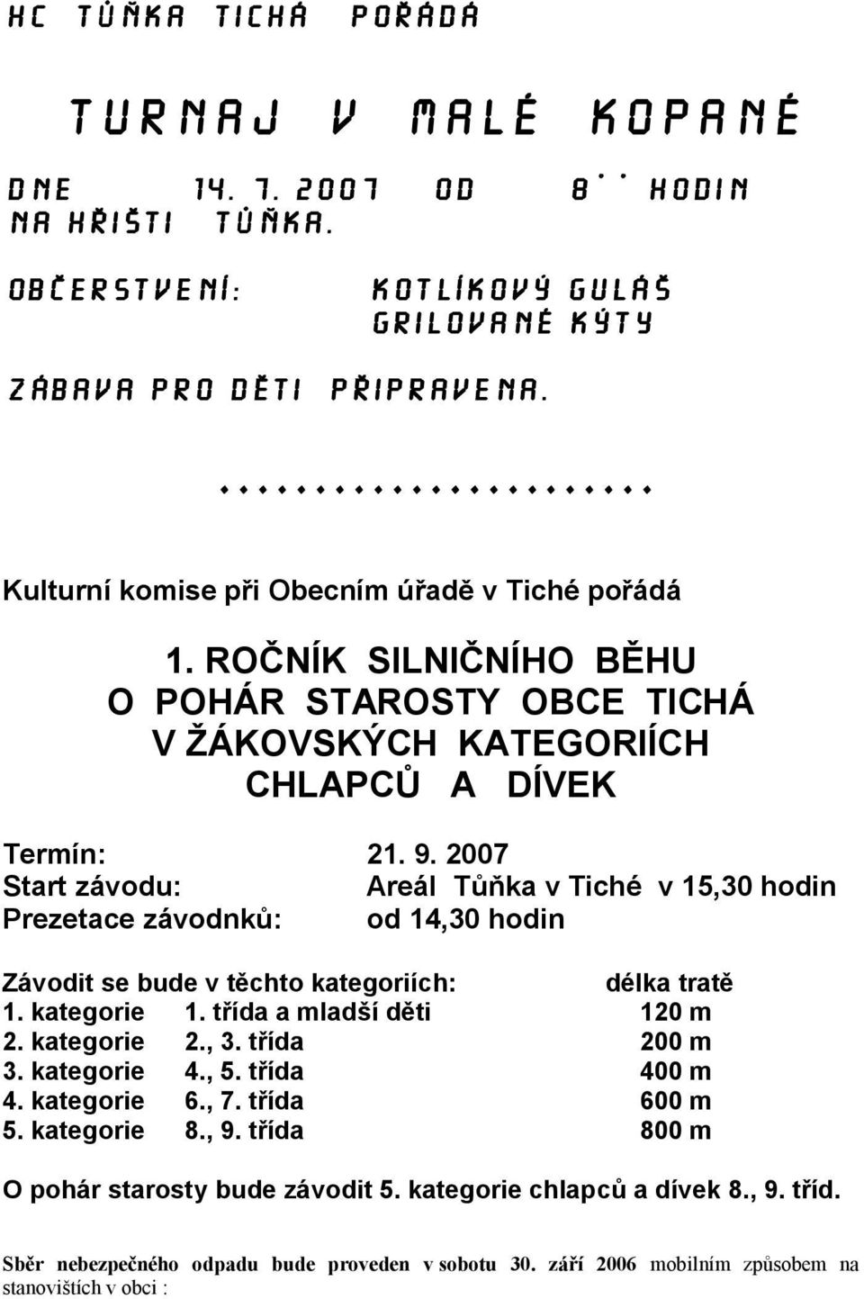 2007 Start závodu: Areál Tůňka v Tiché v 15,30 hodin Prezetace závodnků: od 14,30 hodin Závodit se bude v těchto kategoriích: délka tratě 1. kategorie 1. třída a mladší děti 120 m 2. kategorie 2., 3.