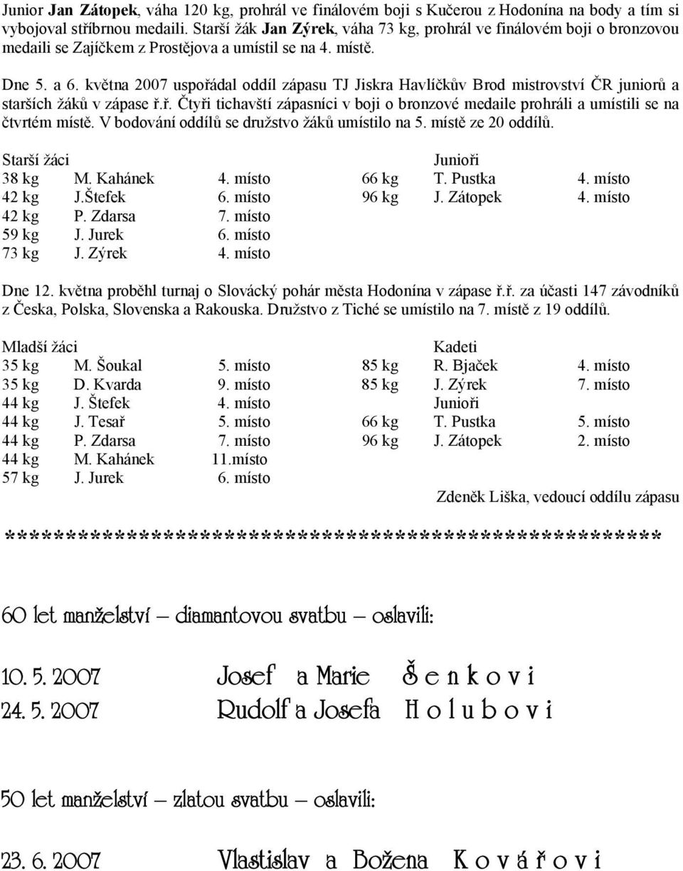 května 2007 uspořádal oddíl zápasu TJ Jiskra Havlíčkův Brod mistrovství ČR juniorů a starších žáků v zápase ř.ř. Čtyři tichavští zápasníci v boji o bronzové medaile prohráli a umístili se na čtvrtém místě.