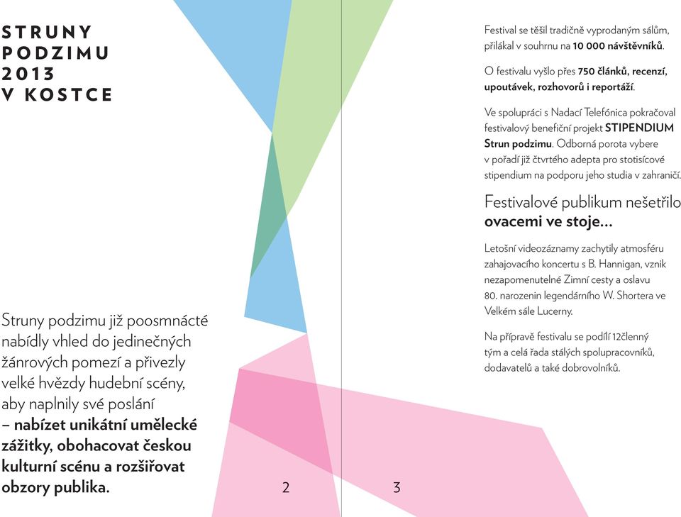 O festivalu vyšlo přes 750 článků, recenzí, upoutávek, rozhovorů i reportáží. Ve spolupráci s Nadací Telefónica pokračoval festivalový benefiční projekt STIPENDIUM Strun podzimu.