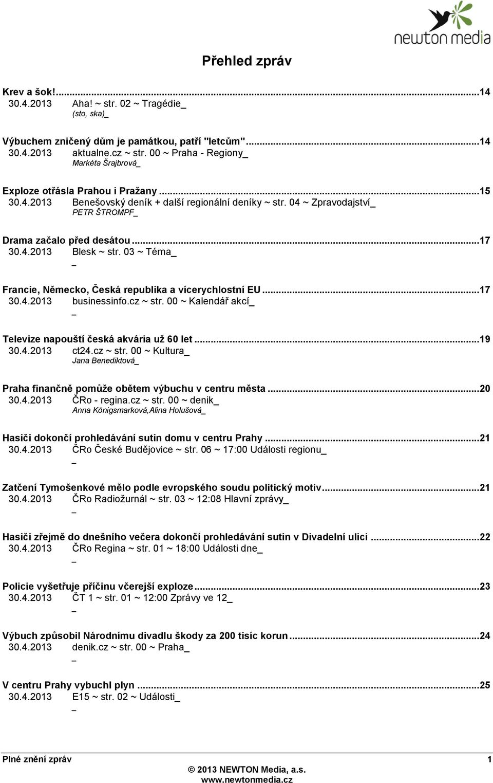 .. 17 30.4.2013 Blesk ~ str. 03 ~ Téma Francie, Německo, Česká republika a vícerychlostní EU... 17 30.4.2013 businessinfo.cz ~ str. 00 ~ Kalendář akcí Televize napouští česká akvária uţ 60 let... 19 30.