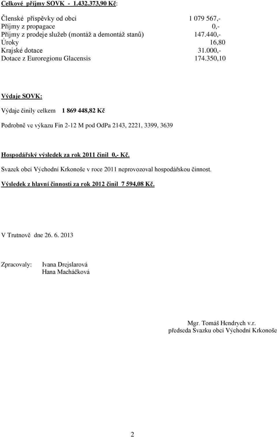 350,10 Výdaje SOVK: Výdaje činily celkem 1 869 448,82 Kč Podrobně ve výkazu Fin 2-12 M pod OdPa 2143, 2221, 3399, 3639 Hospodářský výsledek za rok 2011 činil 0,- Kč.