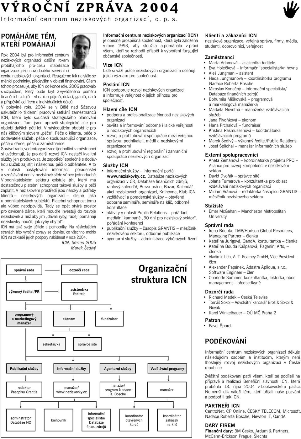 POMÁHÁME TĚM, KTEŘÍ POMÁHAJÍ Rok 2004 byl pro Informační centrum neziskových organizací dalším rokem probíhajícího pro-cesu stabilizace organizace jako novodobého servisního centra neziskových