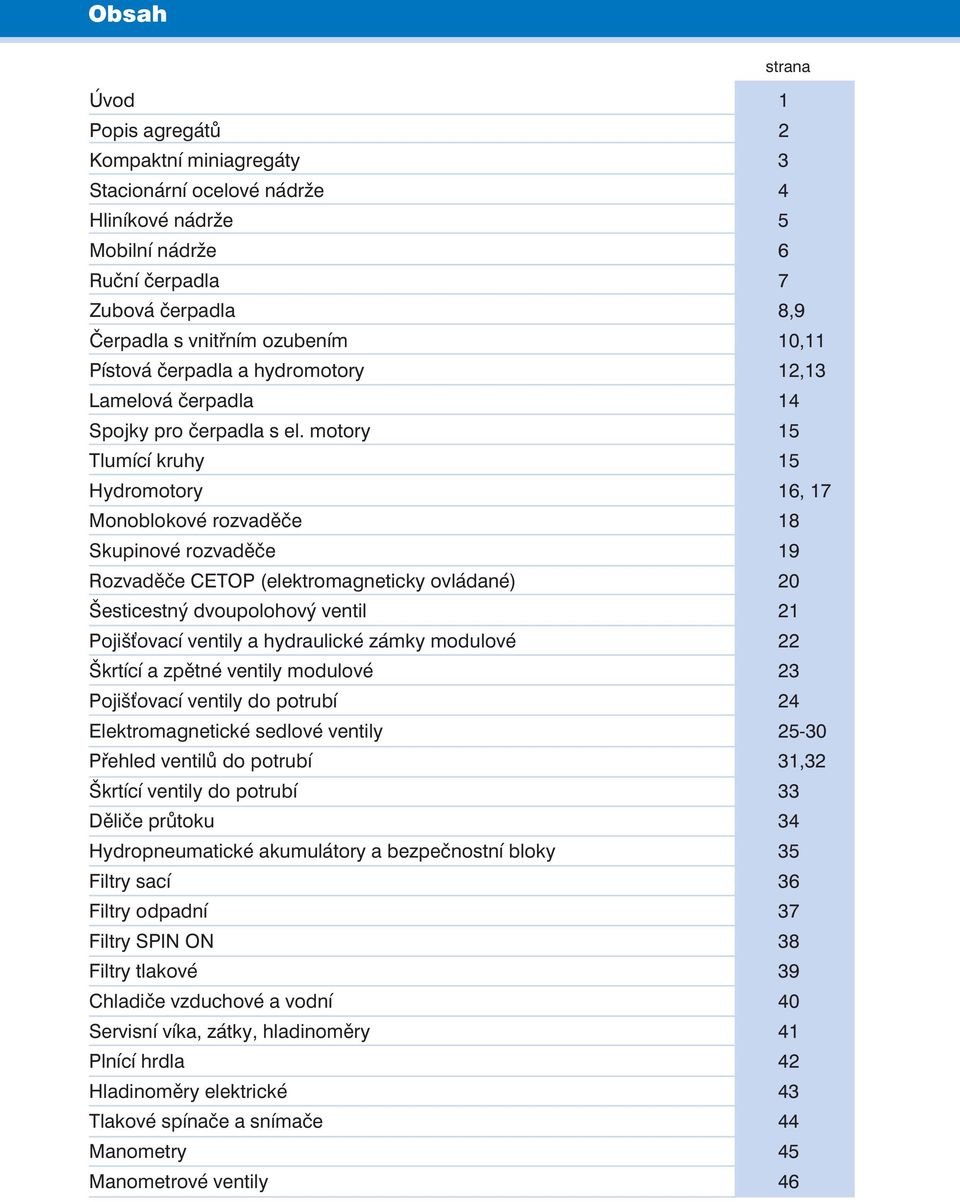 motory 15 Tlumícíkruhy 15 Hydromotory 16,17 Monoblokovérozvaděče 18 Skupinovérozvadìèe 19 RozvadìèeCETOP(elektromagnetickyovládané) 20 Š esticestnýdvoupolohovýventil 21