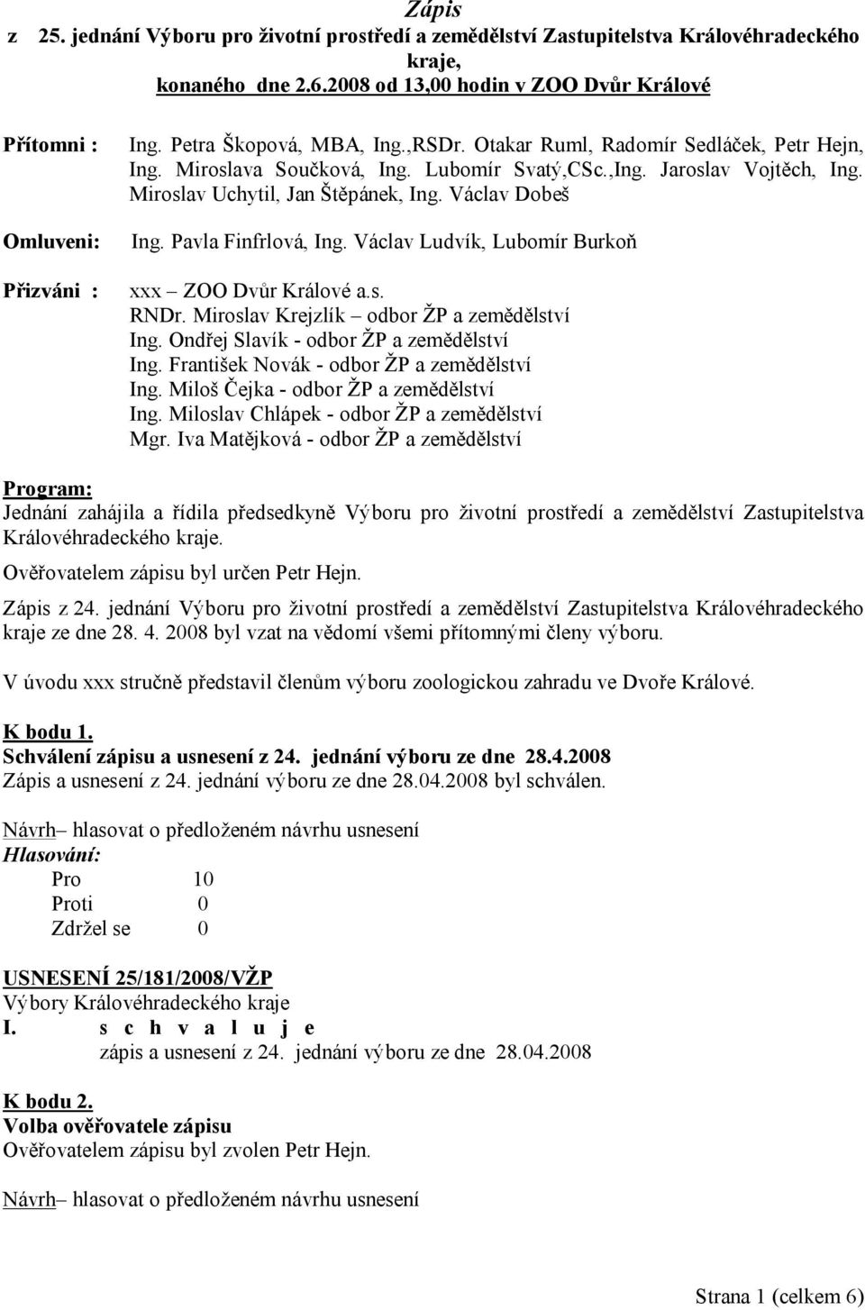 Václav Dobeš Ing. Pavla Finfrlová, Ing. Václav Ludvík, Lubomír Burkoň xxx ZOO Dvůr Králové a.s. RNDr. Miroslav Krejzlík odbor ŽP a zemědělství Ing. Ondřej Slavík - odbor ŽP a zemědělství Ing.