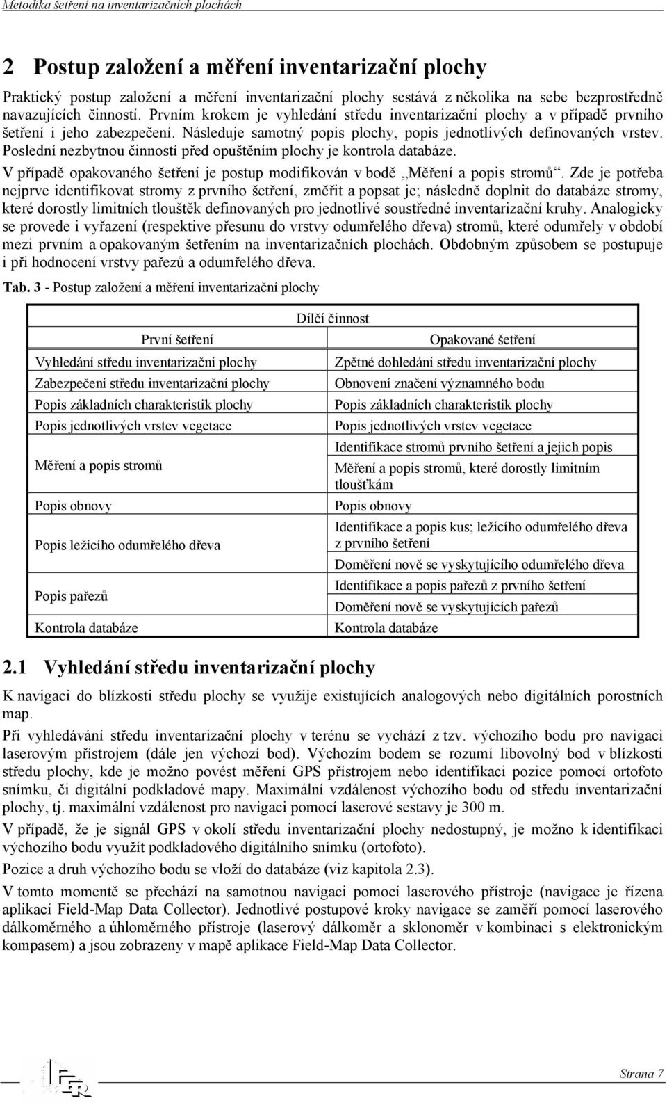 Poslední nezbytnou činností před opuštěním plochy je kontrola databáze. V případě opakovaného šetření je postup modifikován v bodě Měření a popis stromů.