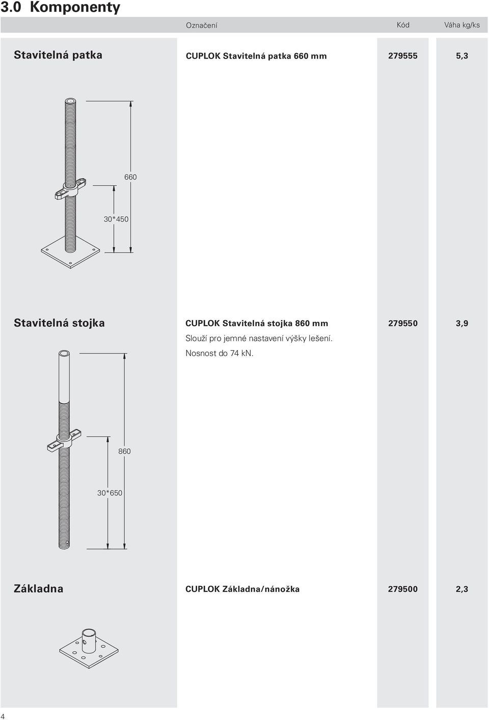 Stavitelná stojka 860 mm Slouží pro jemné nastavení výšky lešení.