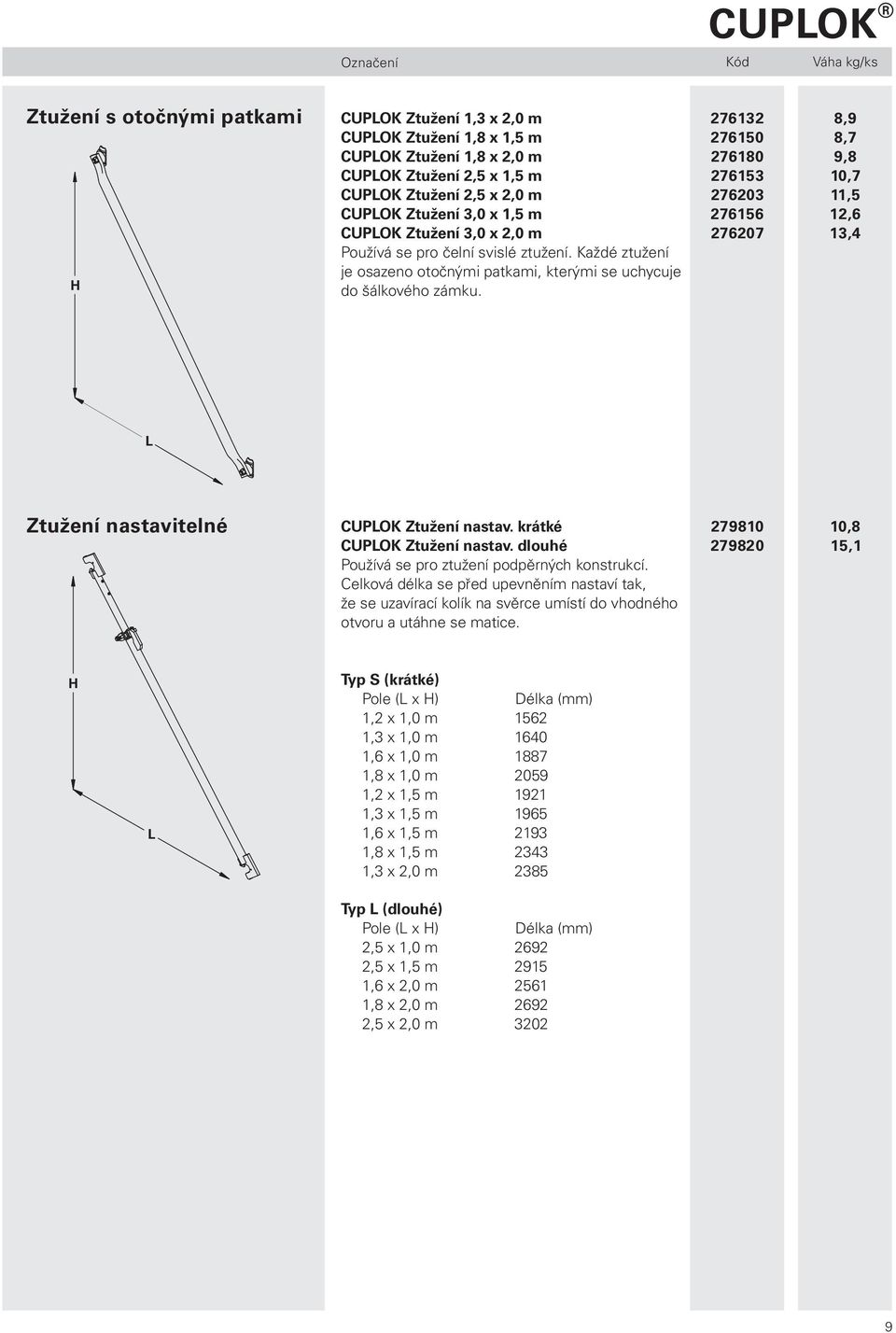 276132 276150 276180 276153 276203 276156 276207 8,9 8,7 9,8 10,7 11,5 12,6 13,4 L Ztužení nastavitelné CUPLOK Ztužení nastav. krátké CUPLOK Ztužení nastav.