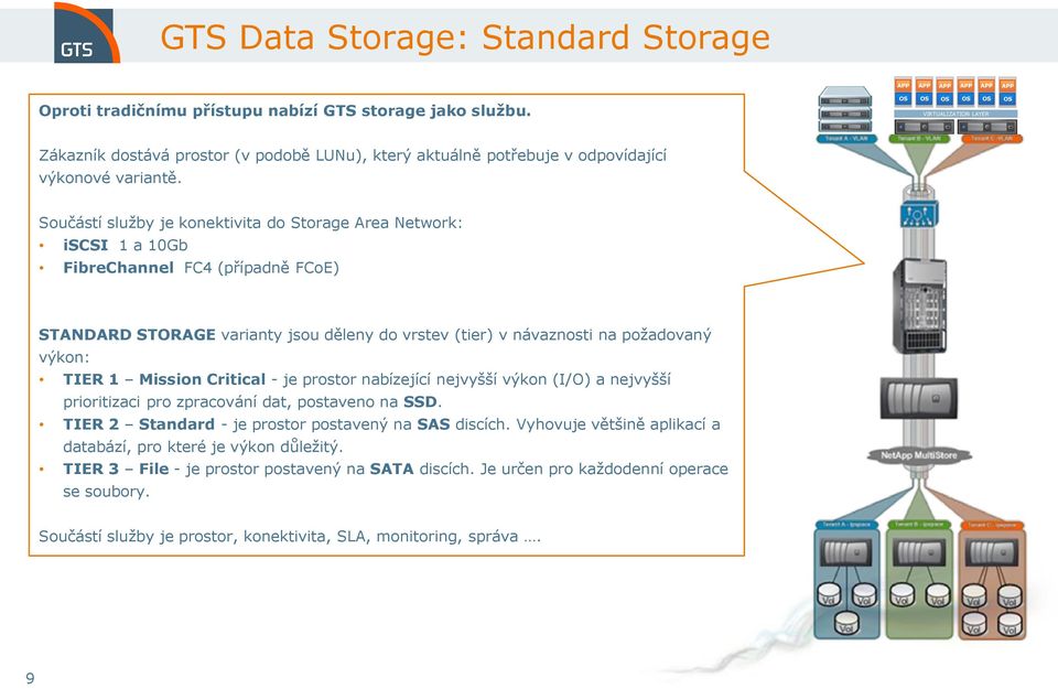Součástí služby je konektivita do Storage Area Network: iscsi 1 a 10Gb FibreChannel FC4 (případně FCoE) STANDARD STORAGE varianty jsou děleny do vrstev (tier) v návaznosti na požadovaný výkon: TIER 1