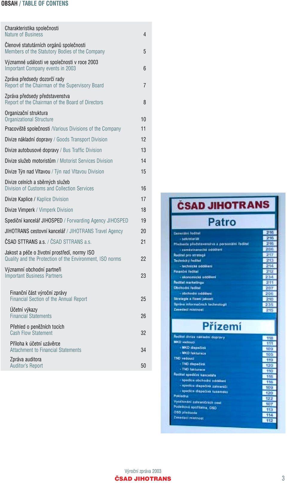 Directors 8 Organizaãní struktura Organizational Structure 10 Pracovi tû spoleãnosti /Various Divisions of the Company 11 Divize nákladní dopravy / Goods Transport Division 12 Divize autobusové