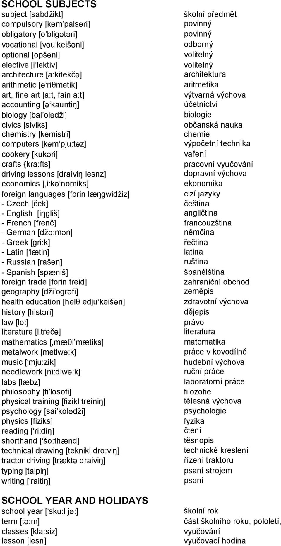 civics [siviks] občanská nauka chemistry [kemistri] chemie computers [kcm pju:tcz] výpočetní technika cookery [kukcri] vaření crafts {kra:fts] pracovní vyučování driving lessons [draiviõ lesnz]