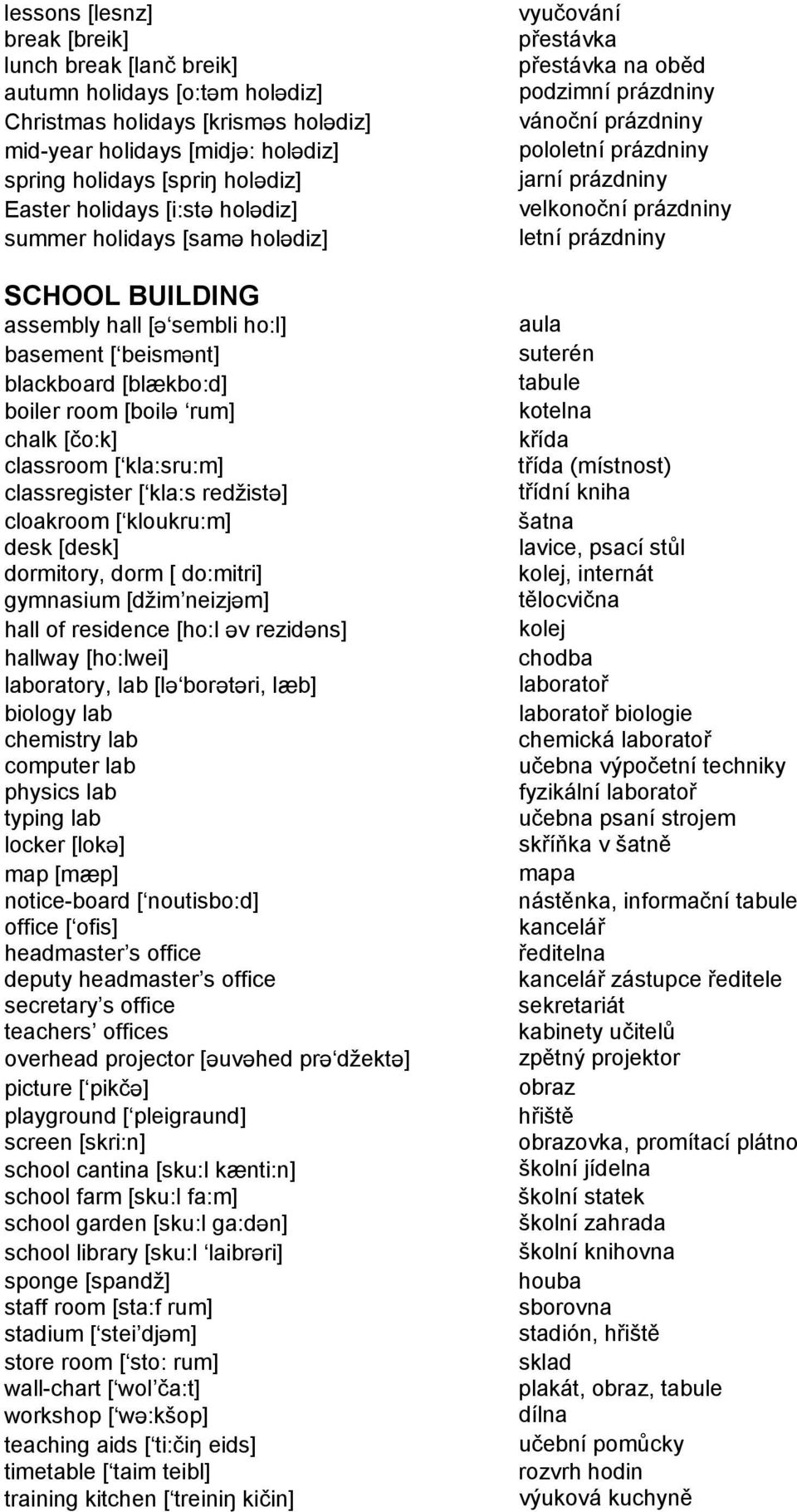 kla:sru:m] classregister [ kla:s redžistc] cloakroom [ kloukru:m] desk [desk] dormitory, dorm [ do:mitri] gymnasium [džim neizjcm] hall of residence [ho:l cv rezidcns] hallway [ho:lwei] laboratory,