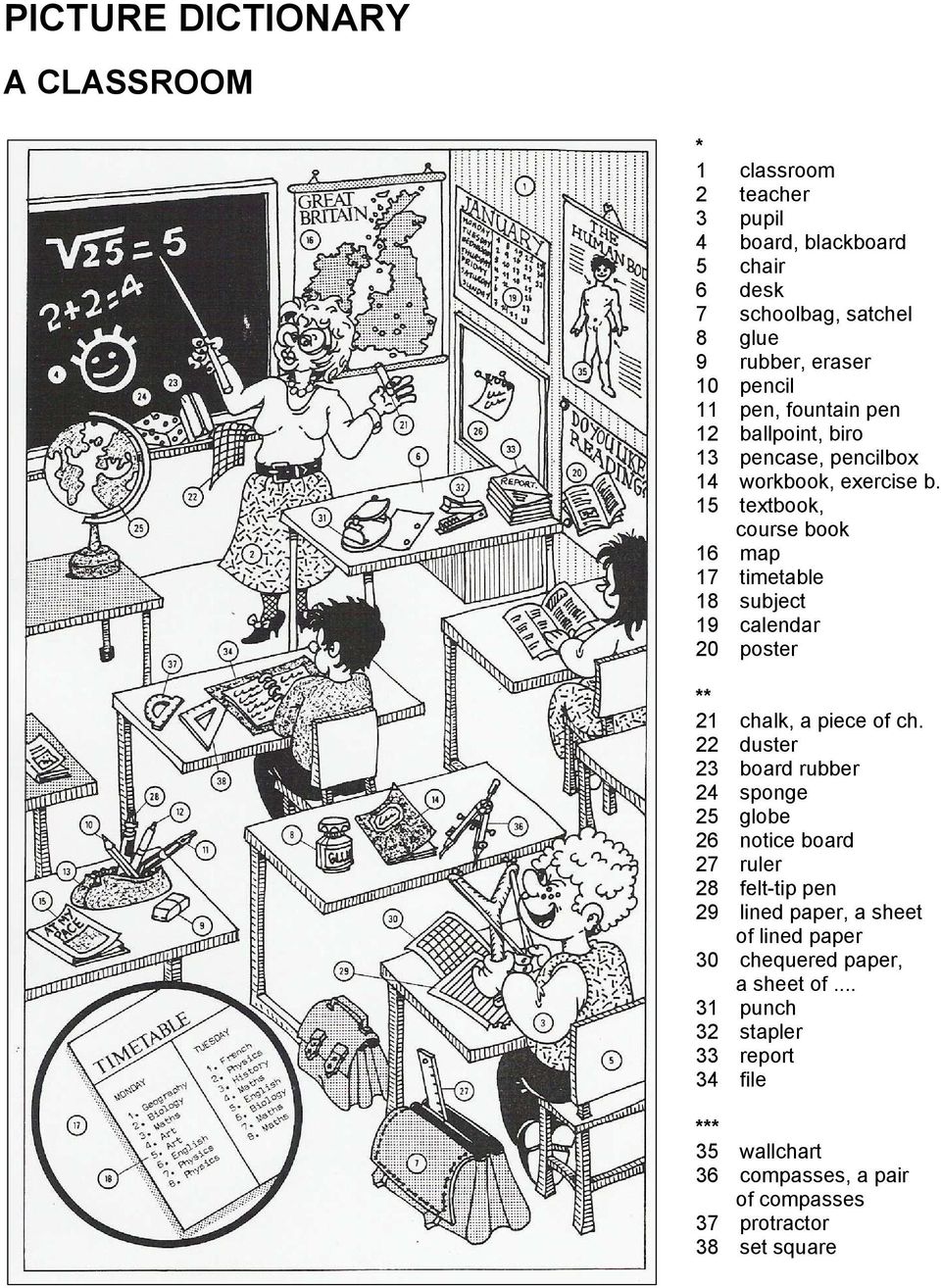 15 textbook, course book 16 map 17 timetable 18 subject 19 calendar 20 poster ** 21 chalk, a piece of ch.