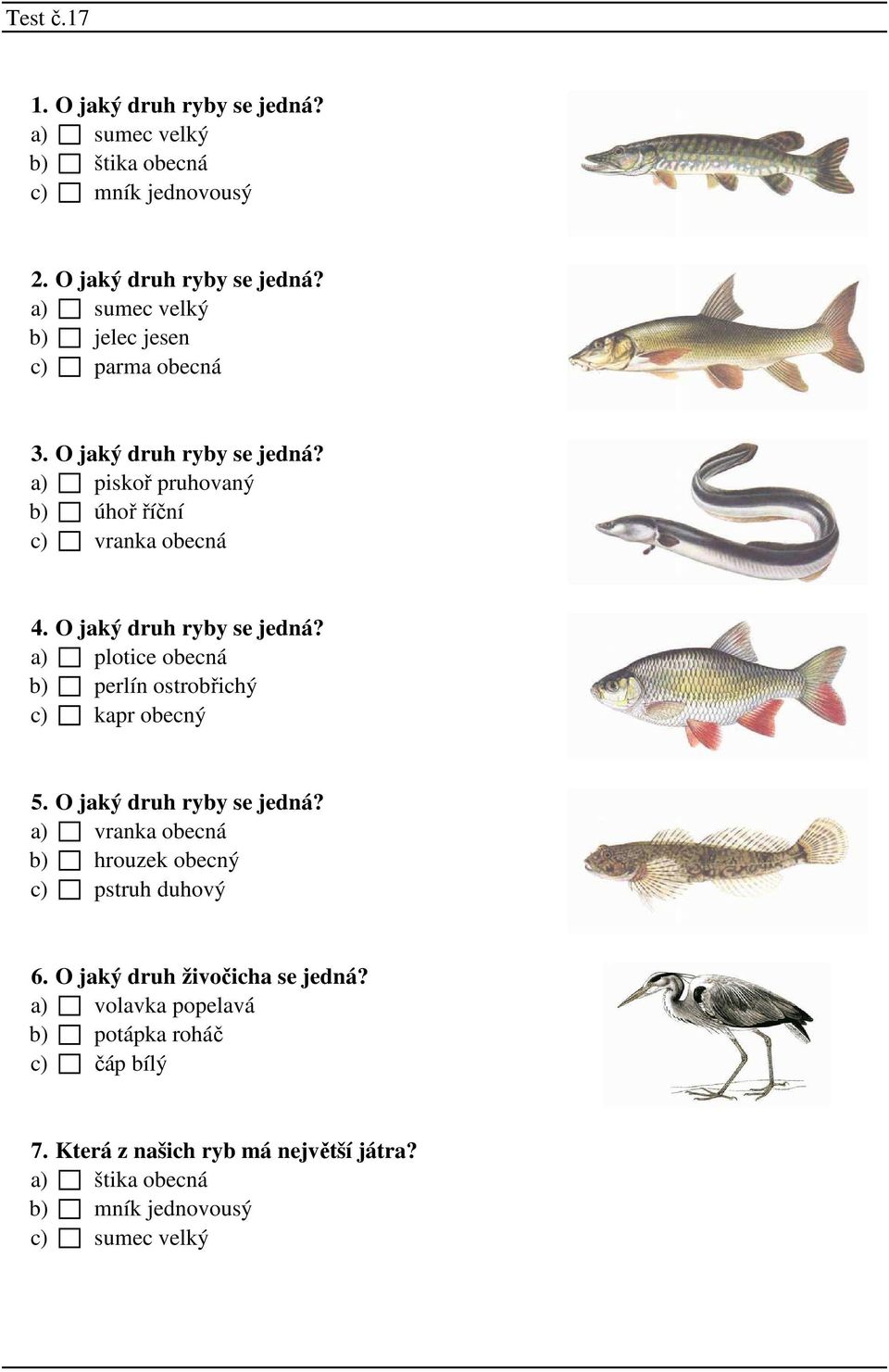 a) plotice obecná b) perlín ostrobřichý c) kapr obecný 5. O jaký druh ryby se jedná? a) vranka obecná b) hrouzek obecný c) pstruh duhový 6.