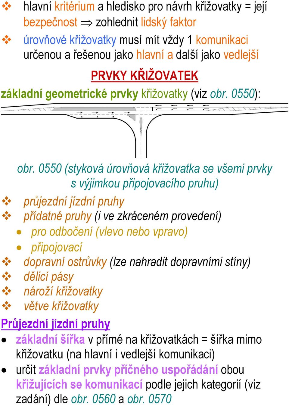 0550 (styková úrovňová křižovatka se všemi prvky s výjimkou připojovacího pruhu) průjezdní jízdní pruhy přídatné pruhy (i ve zkráceném provedení) pro odbočení (vlevo nebo vpravo) připojovací dopravní