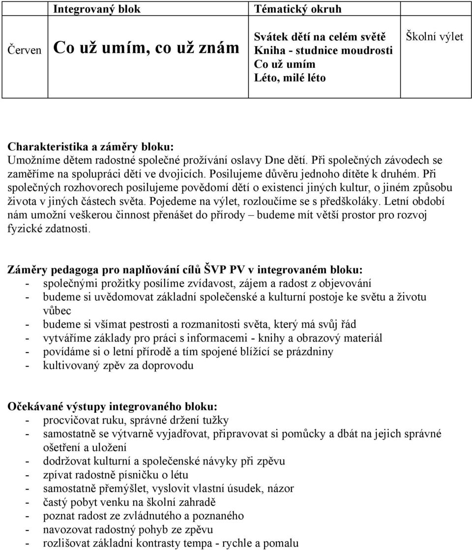Při společných rozhovorech posilujeme povědomí dětí o existenci jiných kultur, o jiném způsobu života v jiných částech světa. Pojedeme na výlet, rozloučíme se s předškoláky.