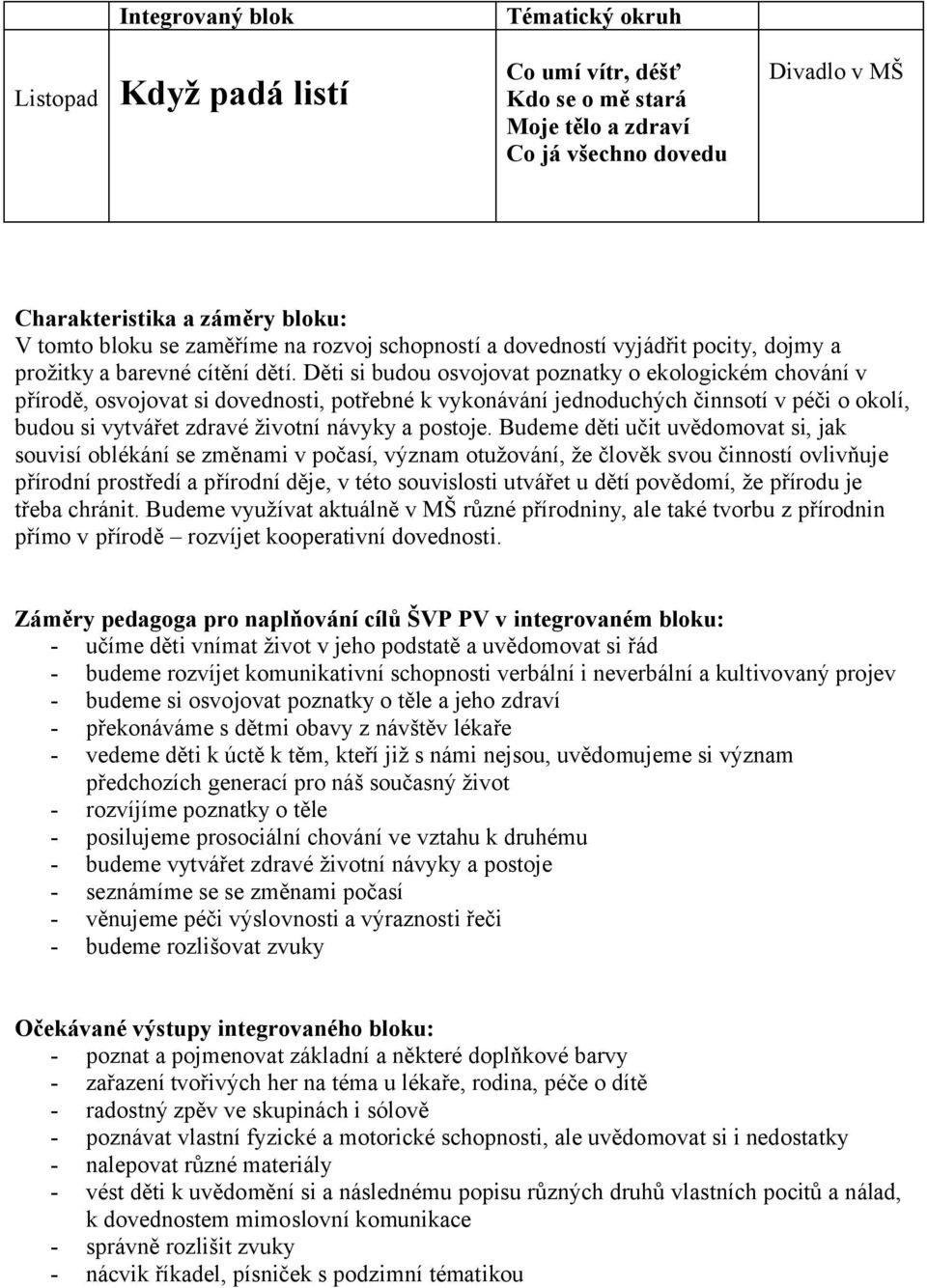 Děti si budou osvojovat poznatky o ekologickém chování v přírodě, osvojovat si dovednosti, potřebné k vykonávání jednoduchých činnsotí v péči o okolí, budou si vytvářet zdravé životní návyky a
