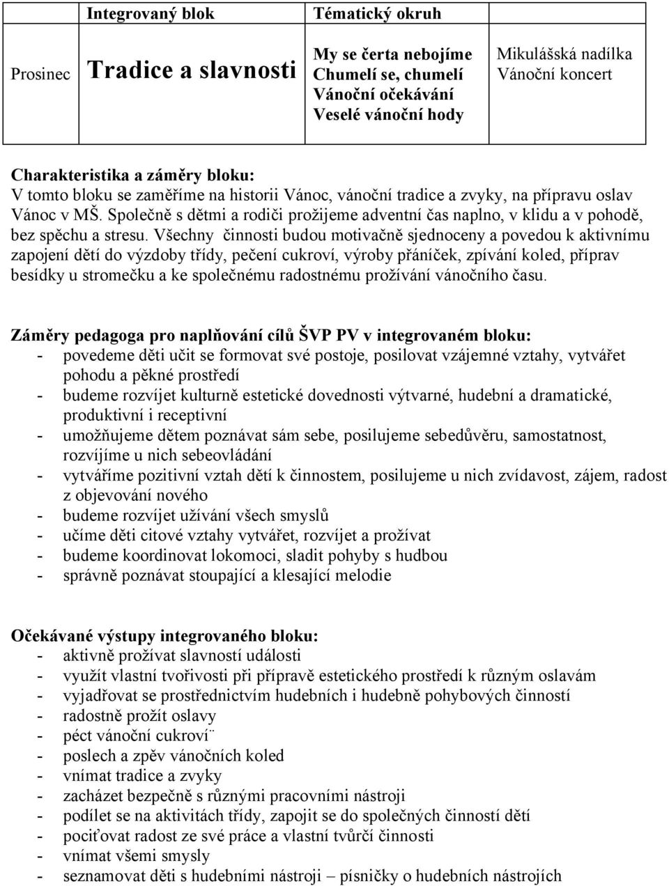 Všechny činnosti budou motivačně sjednoceny a povedou k aktivnímu zapojení dětí do výzdoby třídy, pečení cukroví, výroby přáníček, zpívání koled, příprav besídky u stromečku a ke společnému