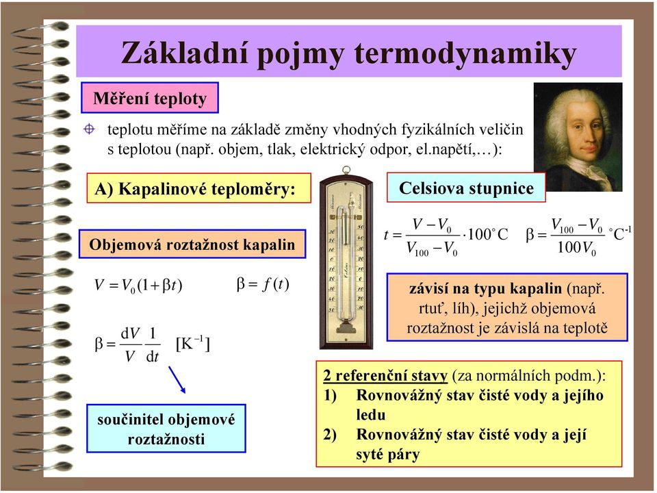 napěí, ): A) Kapalinové eploměry: elsiova supnice Objemová rozažnos kapalin o β o - β ( + β) β f () d d [K součiniel